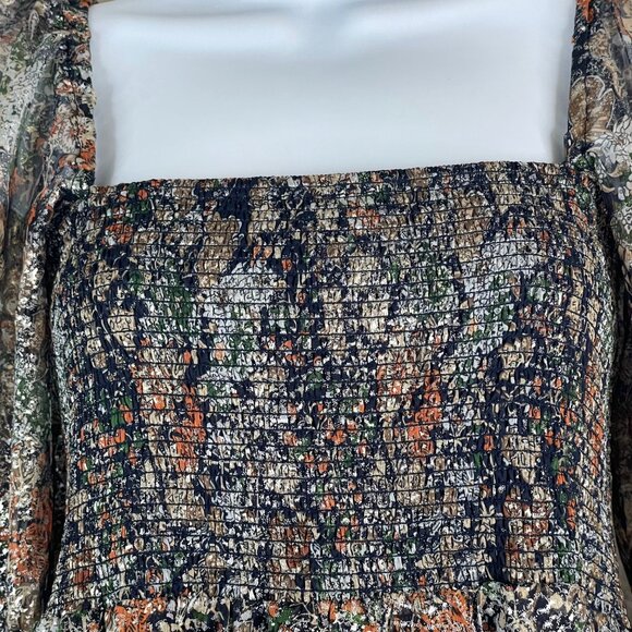 O.P.T. Smocked Cottagecore Renn Faire Maiden Midi Dress Medium Shimmer Floral - Picture 3 of 10